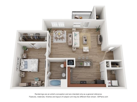 Floor plan for 1 bed, 1 bath, 858 sqft